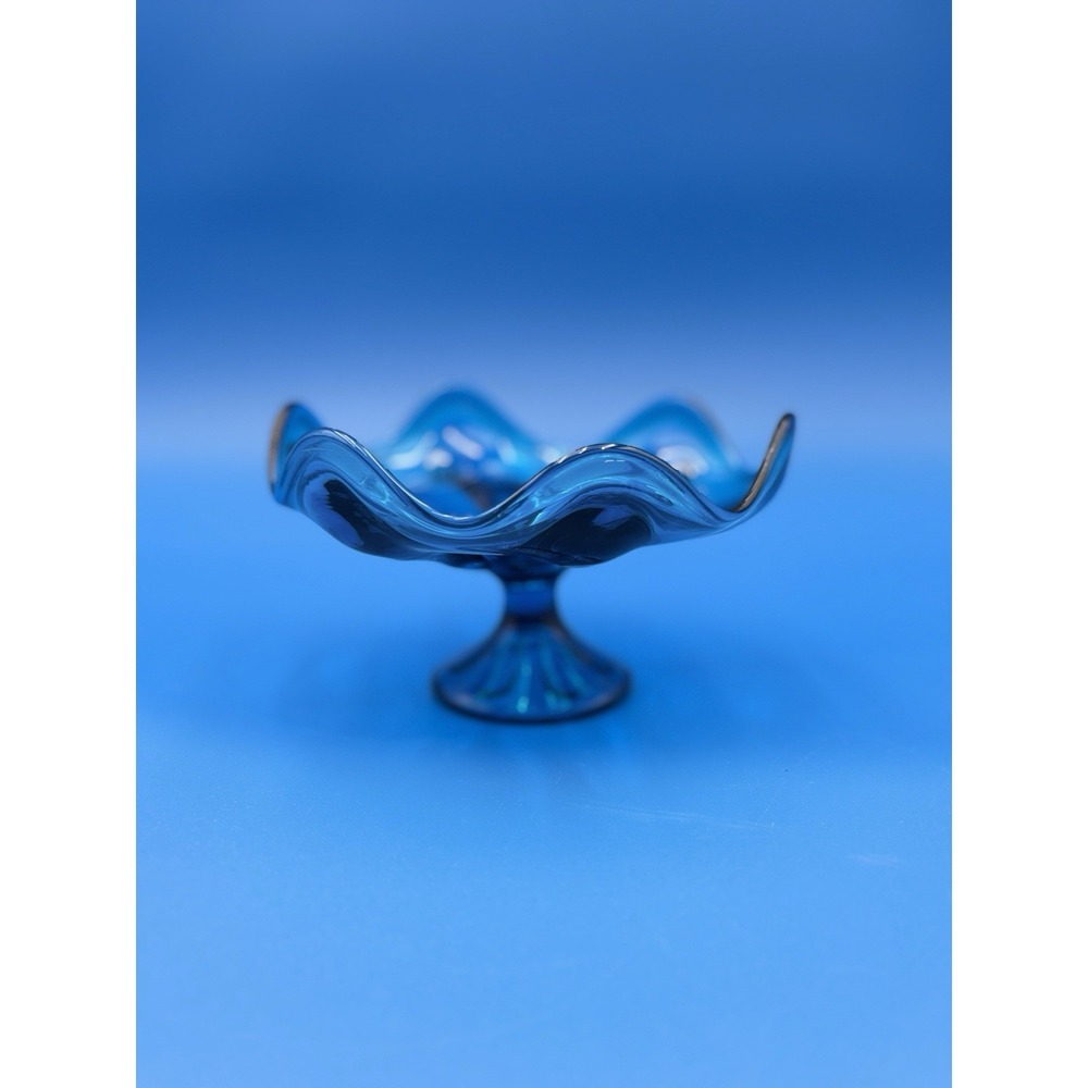 Vintage Viking Glass Blue Pedestal Dish MCM